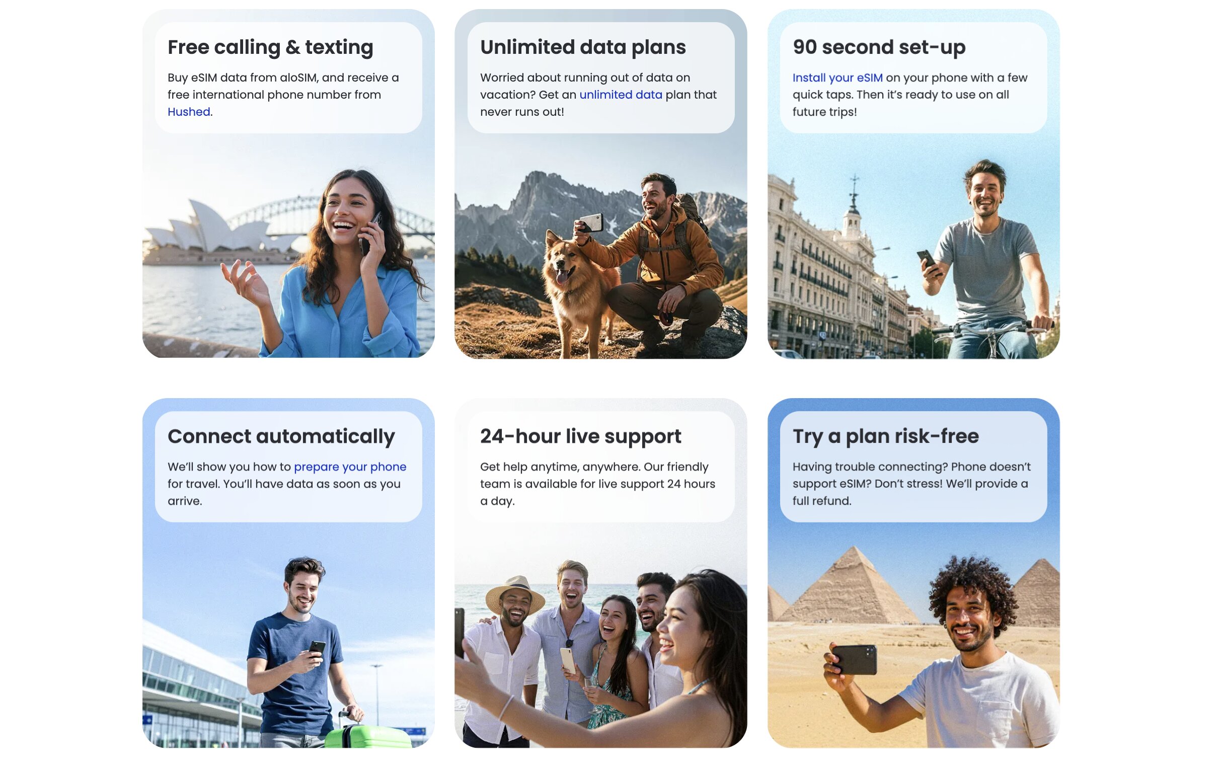 Les atouts d'aloSIM : numéro et appels/SMS gratuits via Hushed, forfaits data illimités, installation en 90 secondes, support 24h/24 et essai sans risque