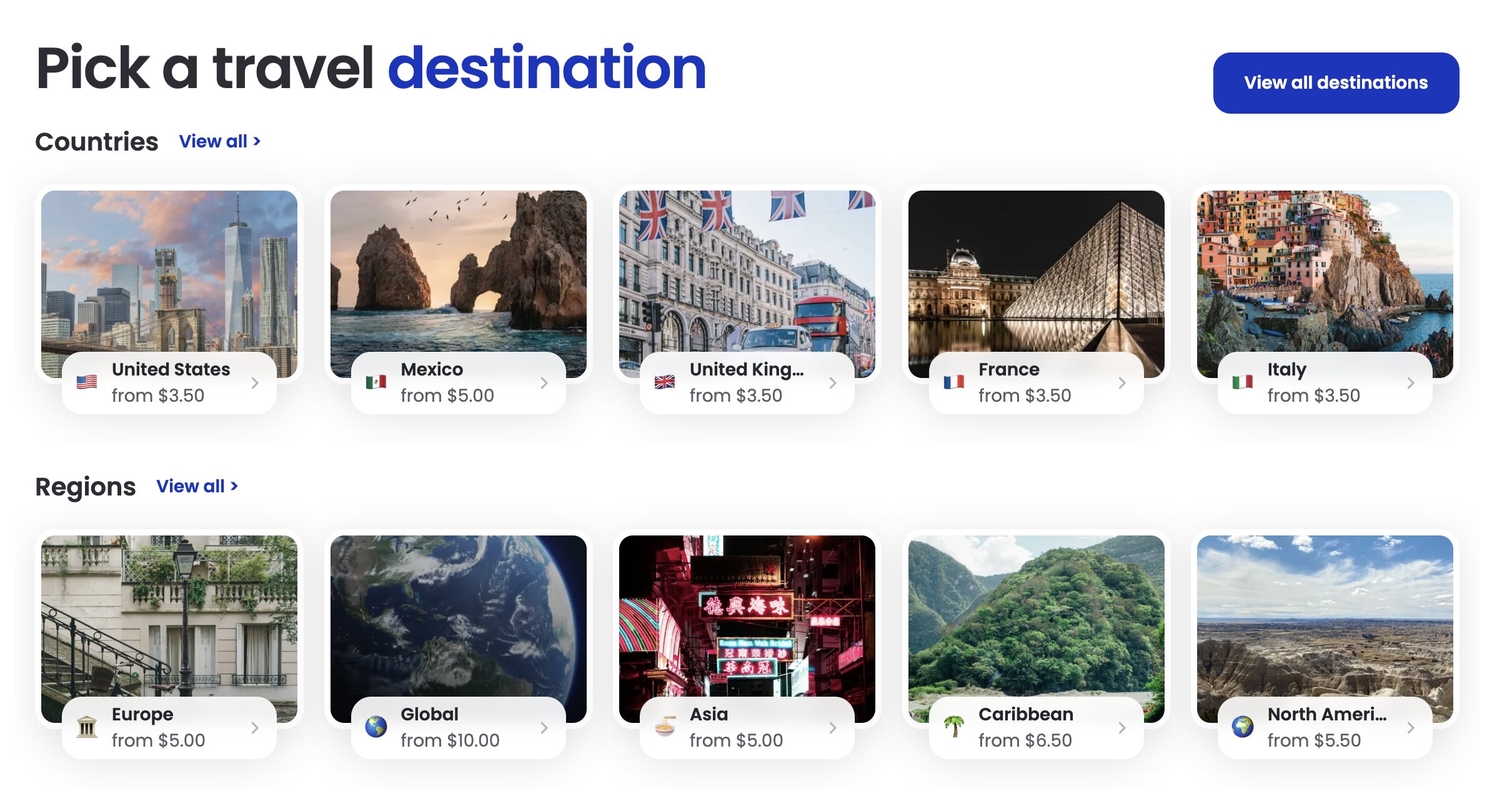 Le catalogue aloSIM : forfaits par pays (États-Unis, Royaume-Uni, France, Italie dès 3,50 $) et forfaits régionaux (Europe, Asie, Caraïbes, Amérique du Nord, Global)
