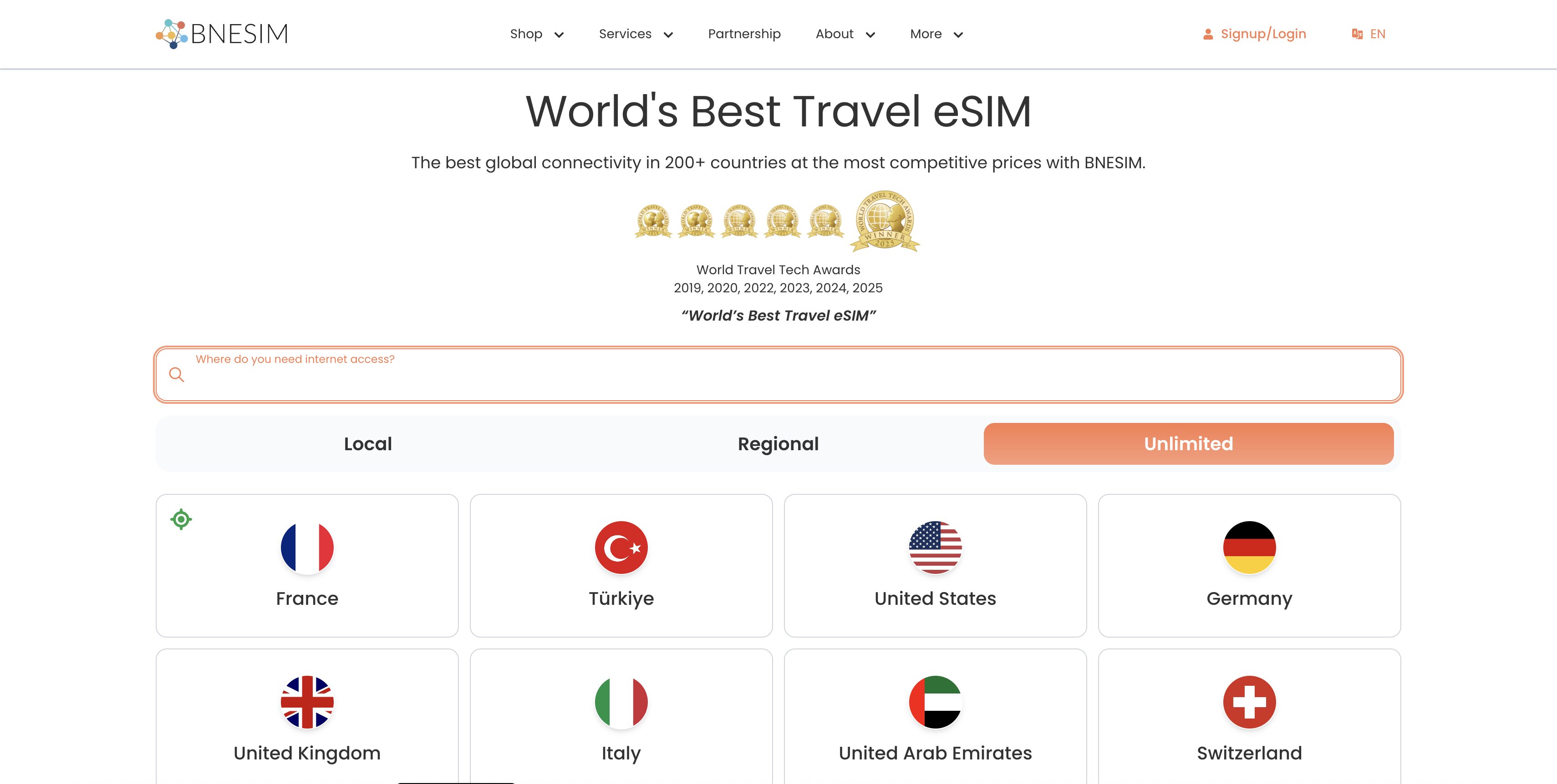 Page d'accueil de BNESIM, « World's Best Travel eSIM », avec ses forfaits Local, Régional et Illimité dans plus de 200 pays