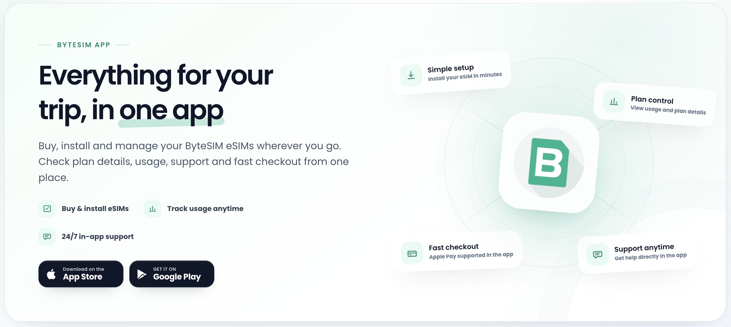 La app Bytesim (iOS y Android): comprar e instalar eSIM, seguir el consumo, recargar, pago con Apple Pay y soporte 24/7 integrado
