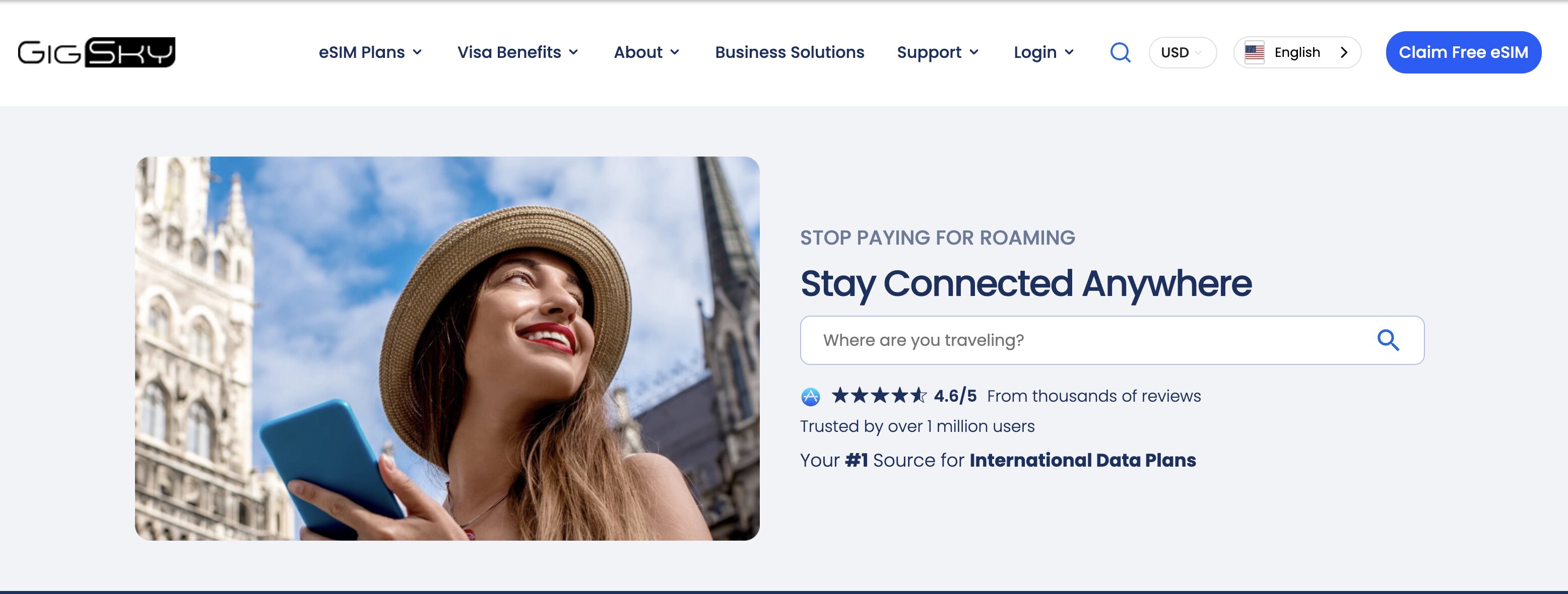 Page d'accueil de GigSky : eSIM data internationale pour arrêter de payer le roaming, notée 4,6/5 sur l'App Store et utilisée par plus d'un million de voyageurs