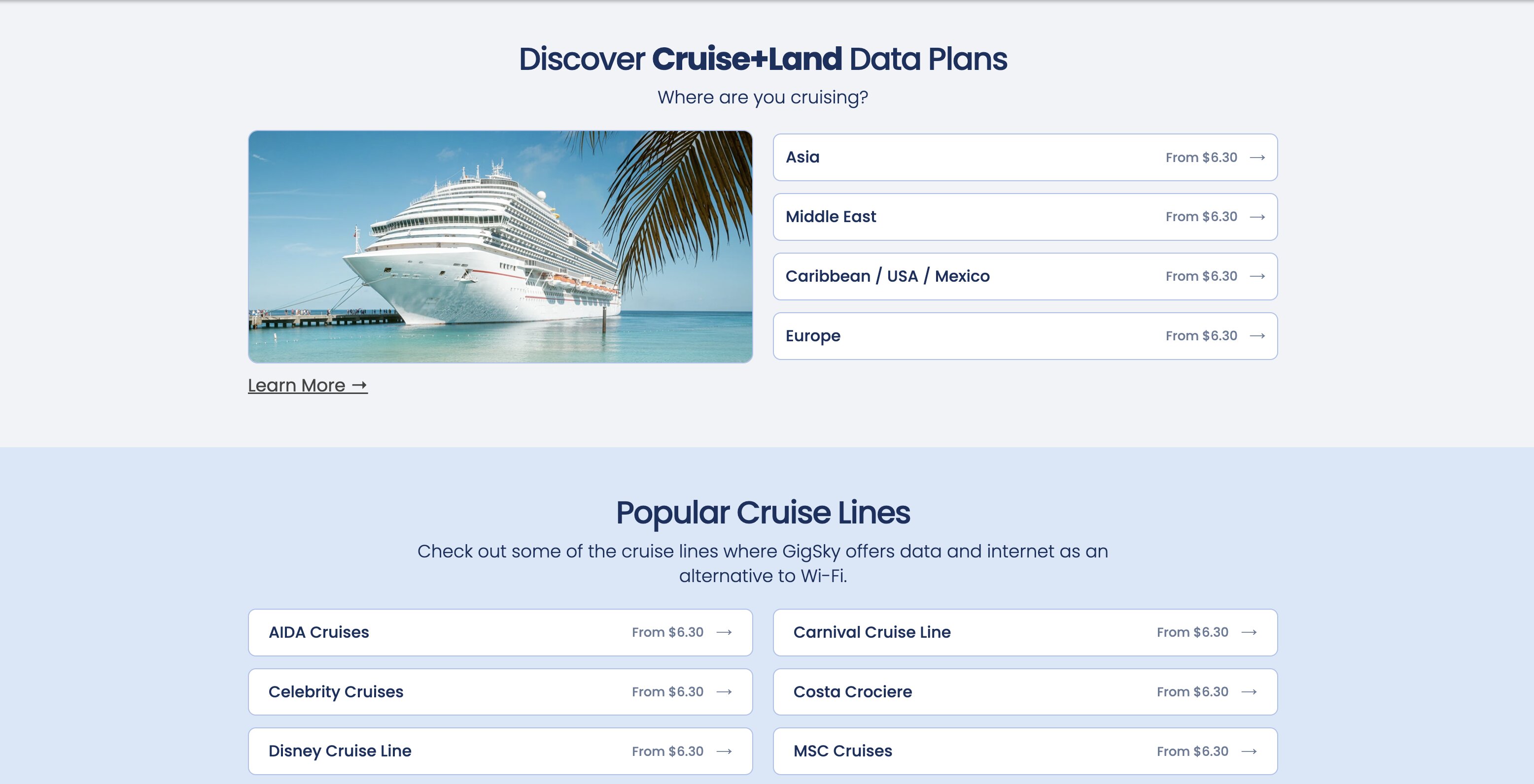 Forfaits Cruise + Land de GigSky par zone de croisière (Asie, Moyen-Orient, Caraïbes/USA/Mexique, Europe) et compagnies couvertes : AIDA, Carnival, Celebrity, Costa, Disney, MSC