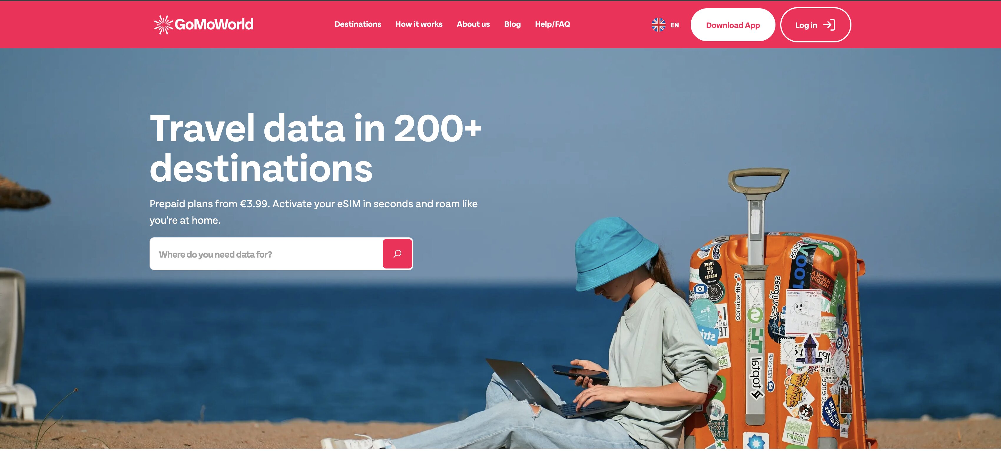 Pagina principale di Gomoworld: dati di viaggio in oltre 200 destinazioni, pacchetti prepagati da 3,99€, attivazione eSIM in pochi secondi