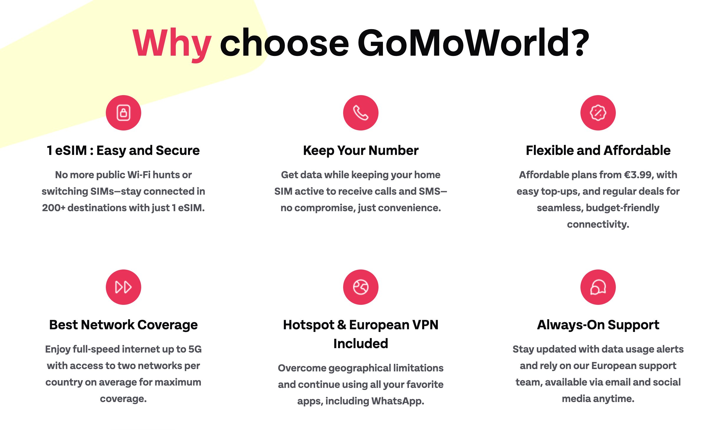 Perché scegliere Gomoworld: 1 eSIM per 200+ destinazioni, mantieni il tuo numero, hotspot e VPN europeo inclusi, copertura su 2 reti per paese, supporto sempre attivo