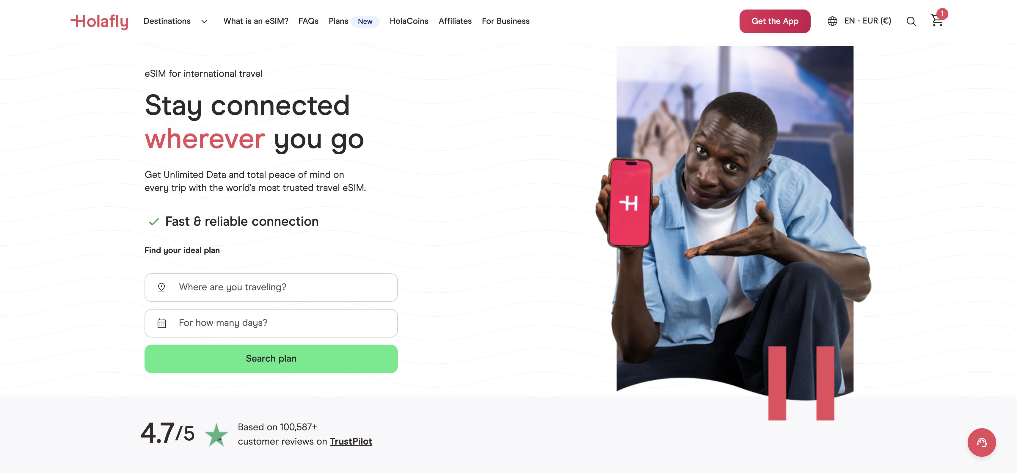 Page d'accueil de Holafly : eSIM data illimitée pour voyager partout, note Trustpilot 4,7/5 sur plus de 100 000 avis