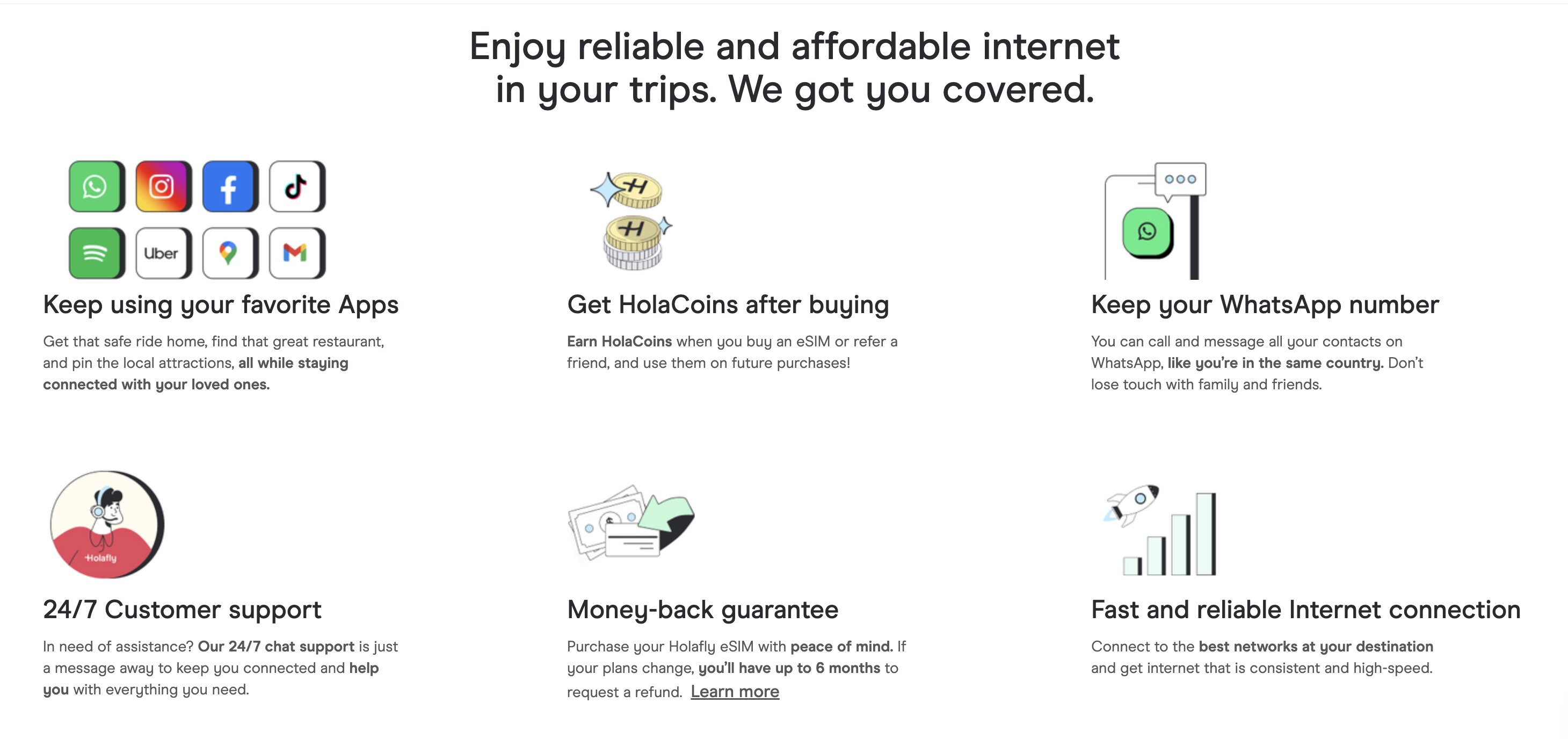 Les atouts de Holafly : garder ses apps favorites et son numéro WhatsApp, HolaCoins et parrainage, support client 24/7, garantie satisfait-remboursé et connexion fiable