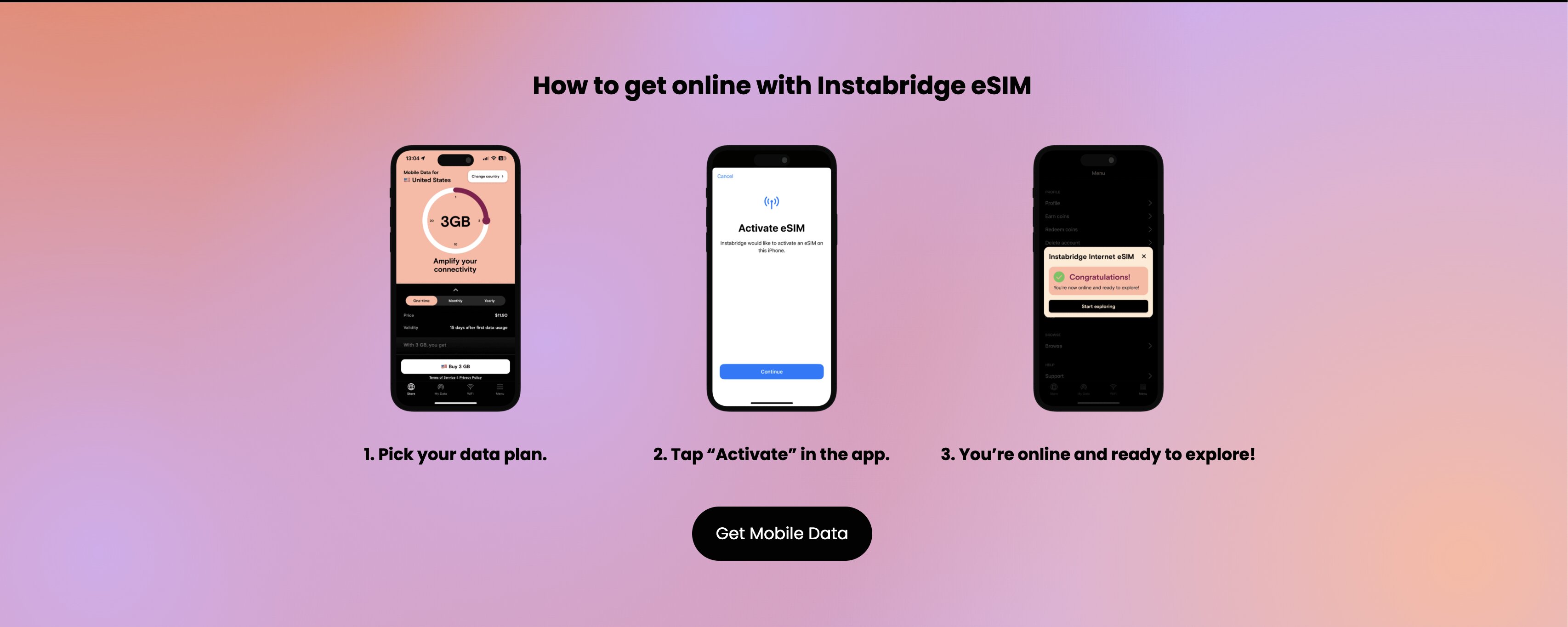 Les 3 étapes pour se connecter avec l'eSIM Instabridge : choisir un forfait, activer, être en ligne