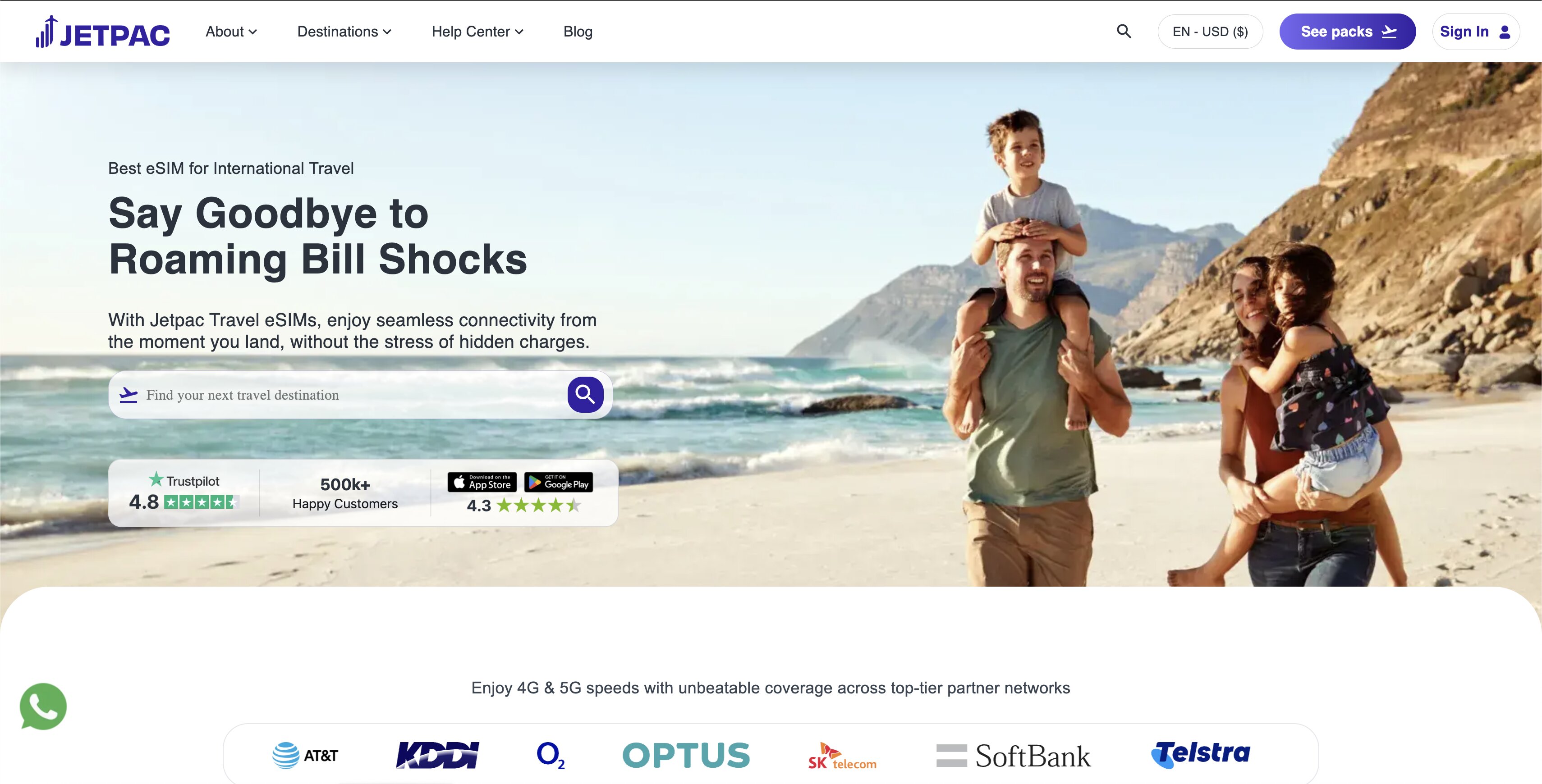 Page d'accueil de Jetpac eSIM avec sa note Trustpilot et ses réseaux partenaires