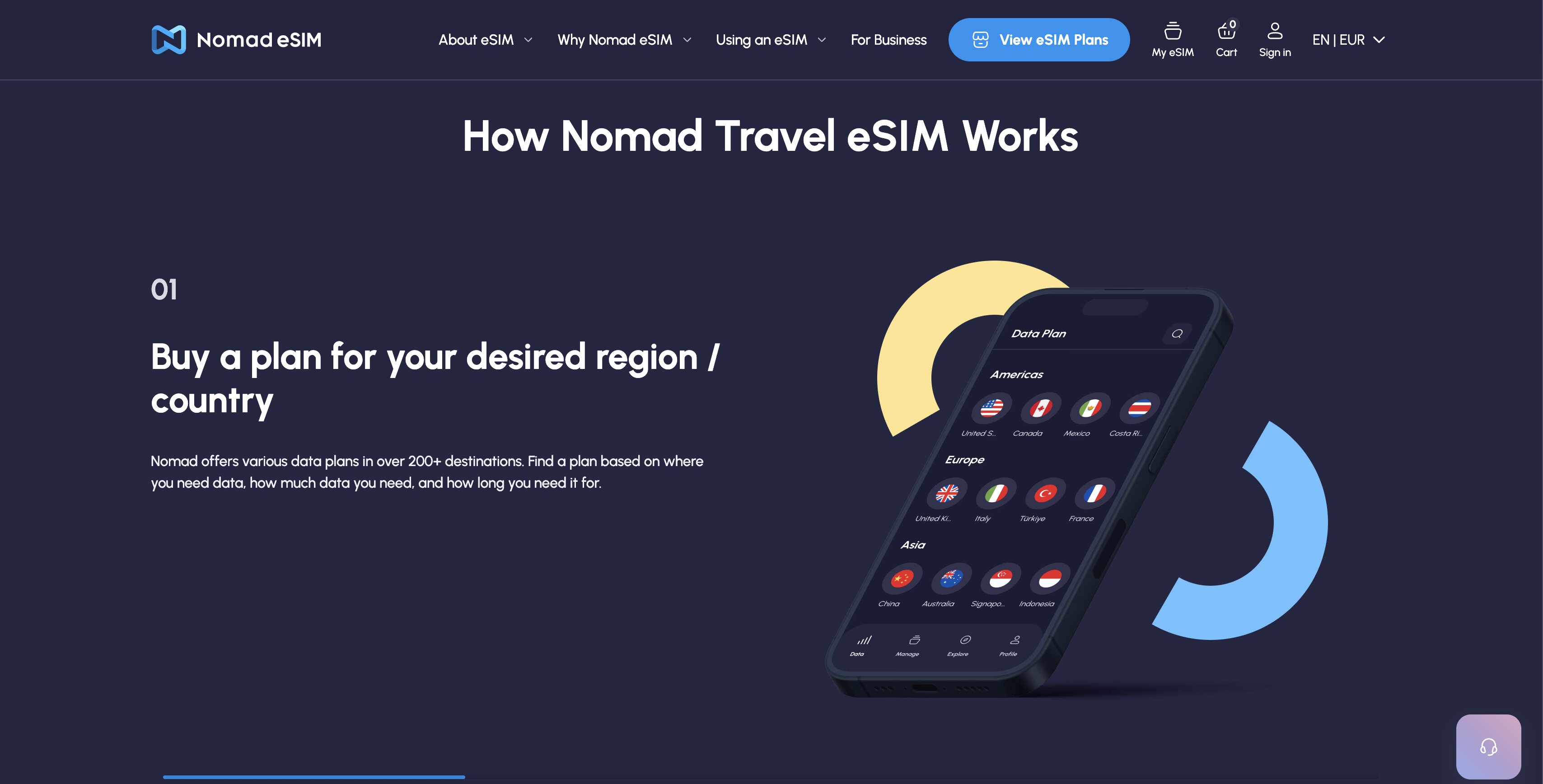 Choisir un forfait Nomad eSIM par région ou par pays depuis l'application