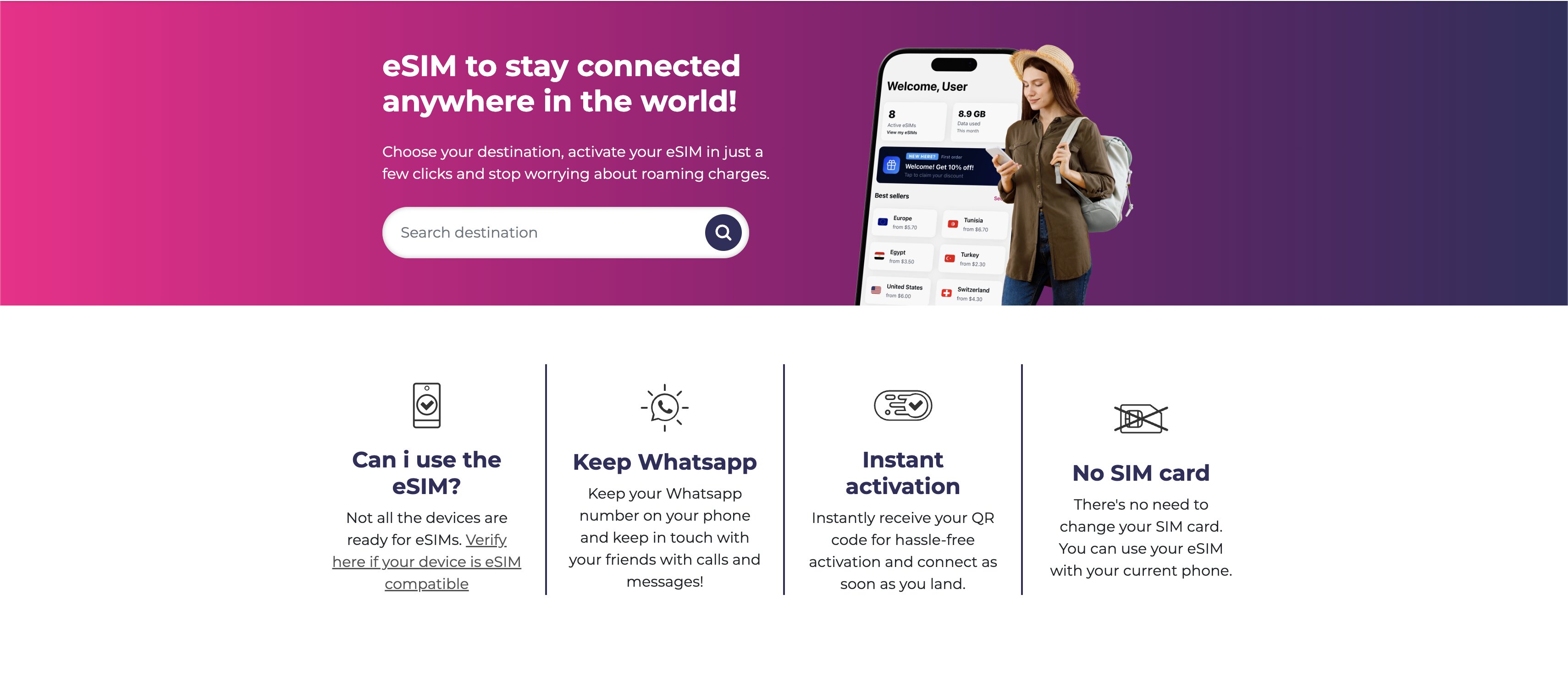 Quibity homepage showing destination search and eSIM activation in a few clicks, with worldwide coverage for travellers
