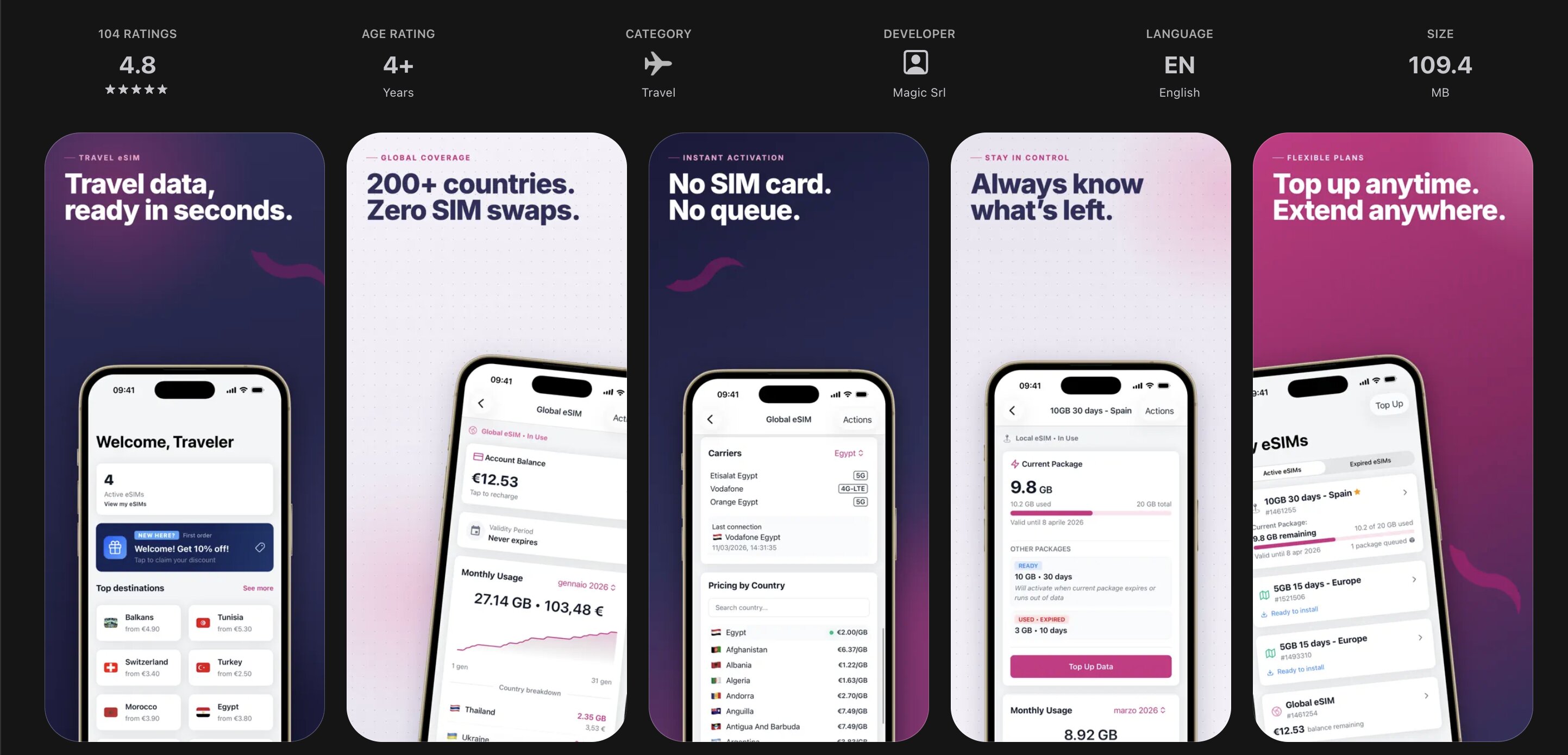 Quibity app screenshots: travel data ready in seconds, 200+ countries, Global eSIM data that never expires, top-up and extend any time