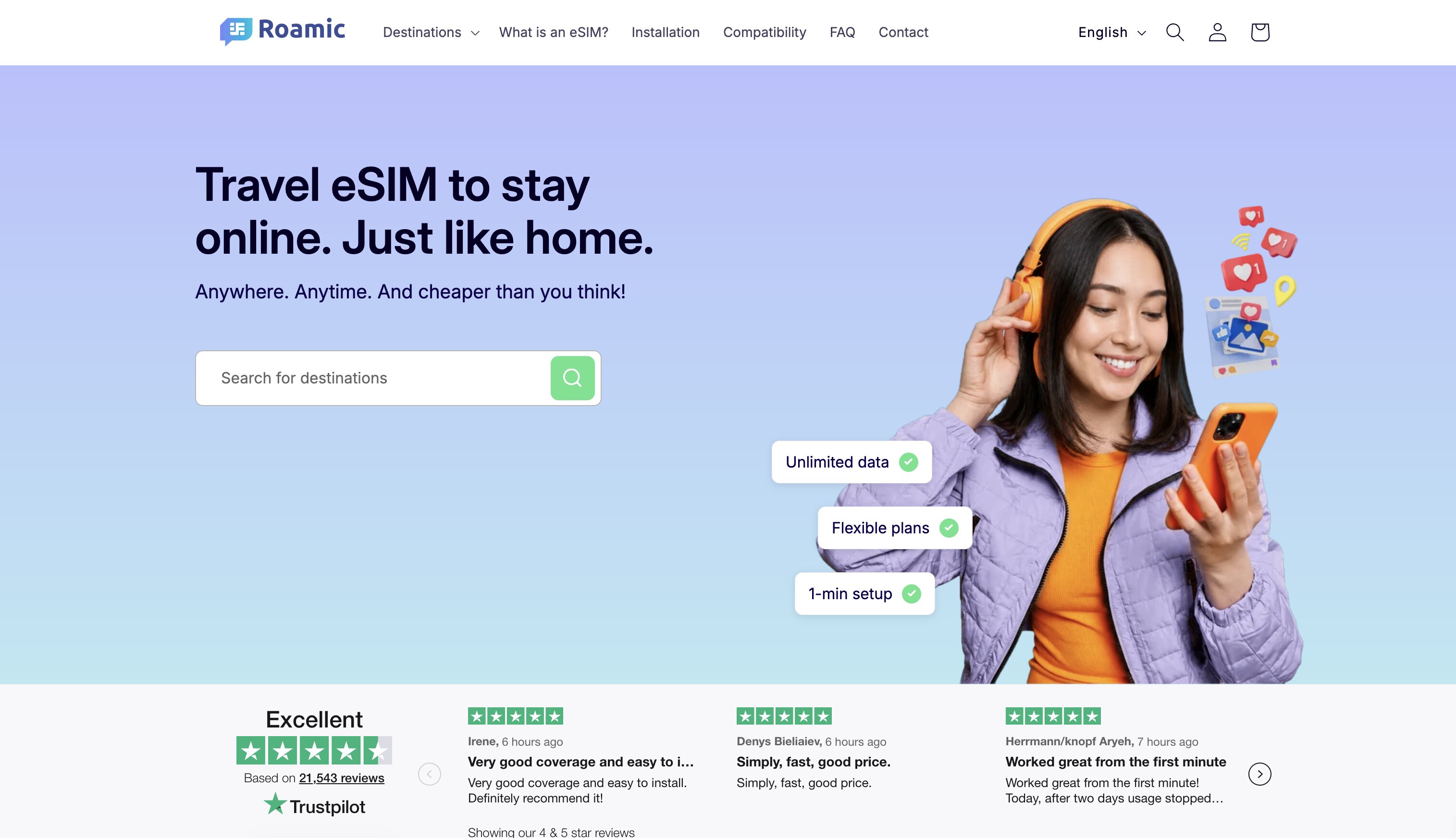 Page d'accueil de Roamic : note « Excellent » sur Trustpilot et widget d'avis avec la mention « Showing our 4 & 5 star reviews »