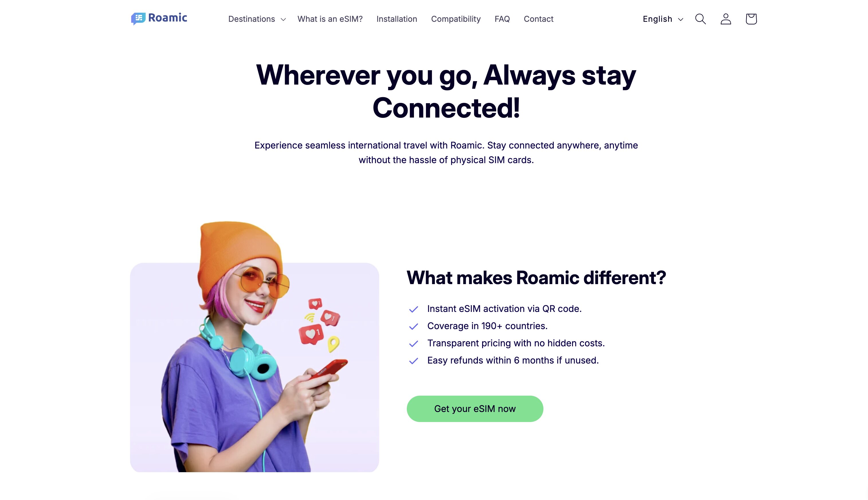 Ce qui rend Roamic différent selon son site : activation par QR code, couverture dans plus de 190 pays, tarifs transparents et remboursement dans les 6 mois si l'eSIM est inutilisée