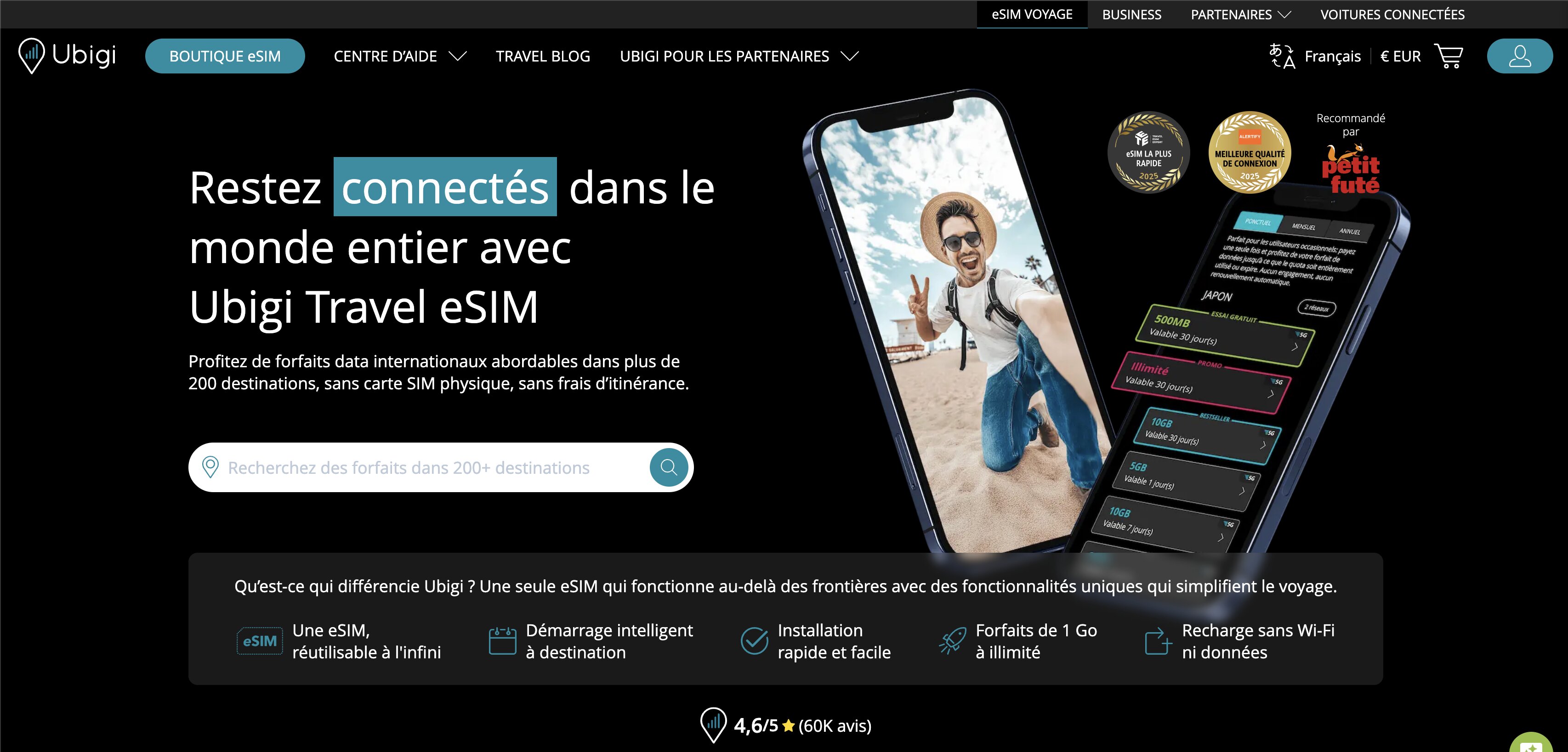 Page d'accueil d'Ubigi Travel eSIM avec sa note clients