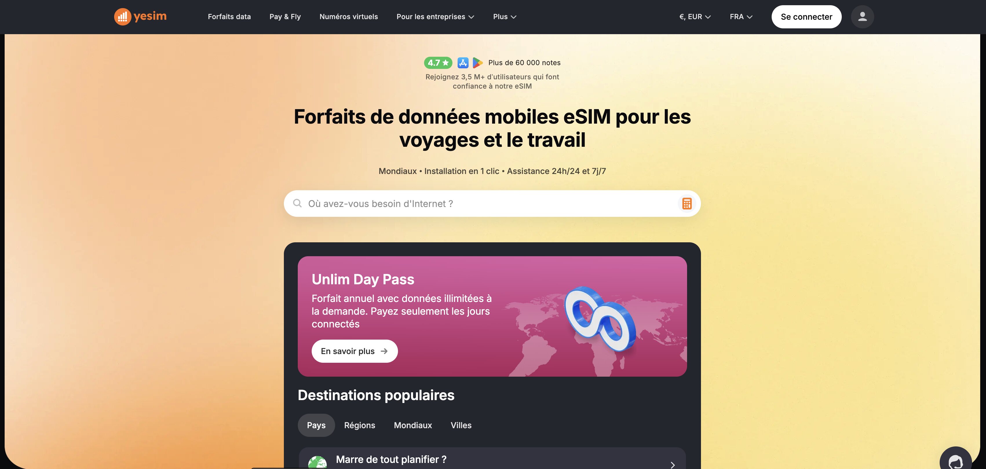 Page d'accueil de Yesim eSIM avec ses forfaits Unlim et sa note clients