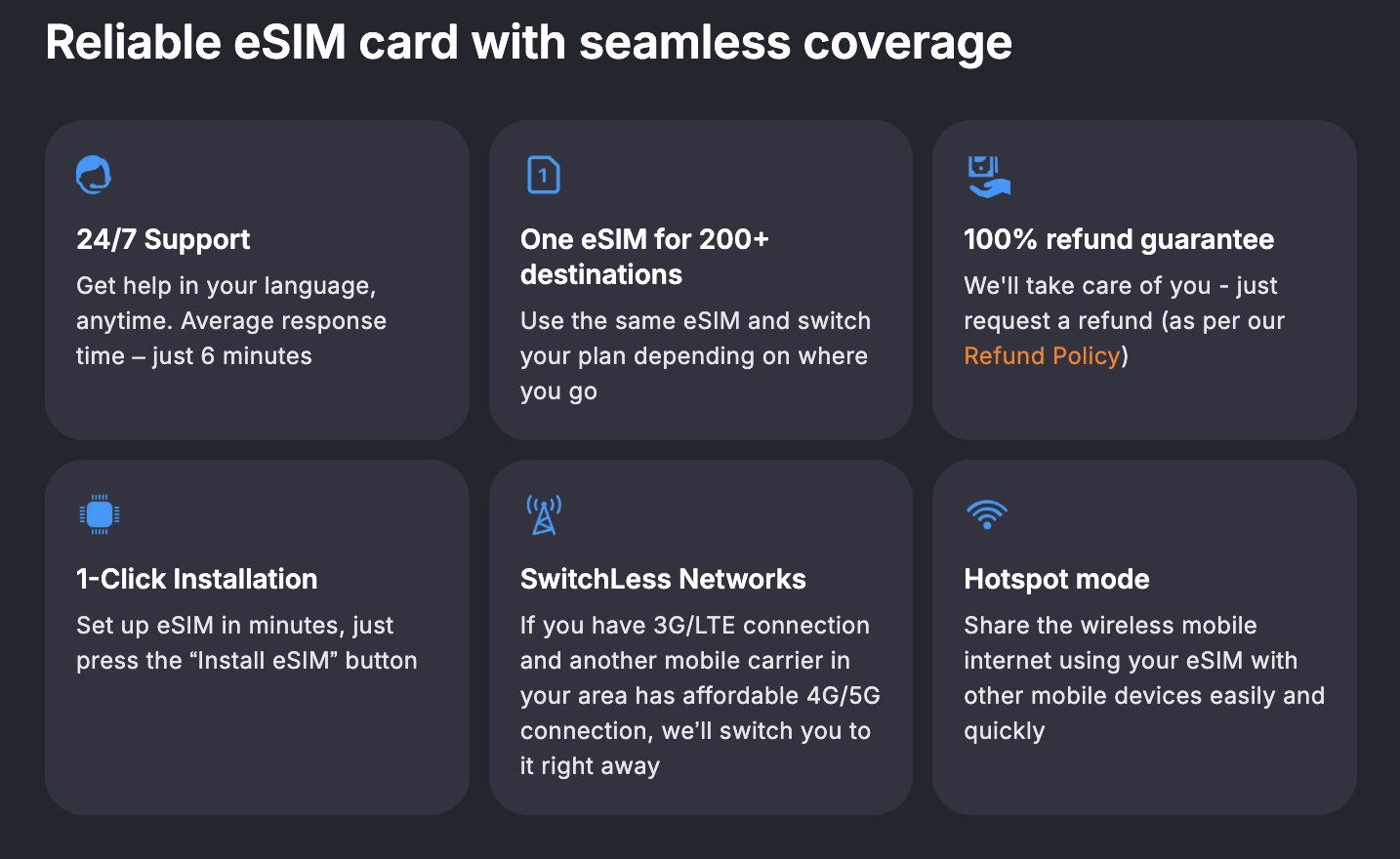 Die Vorteile von Yesim: 200+ Reiseziele, SwitchLess-Netze, Hotspot, 24/7-Support, Rückgabegarantie
