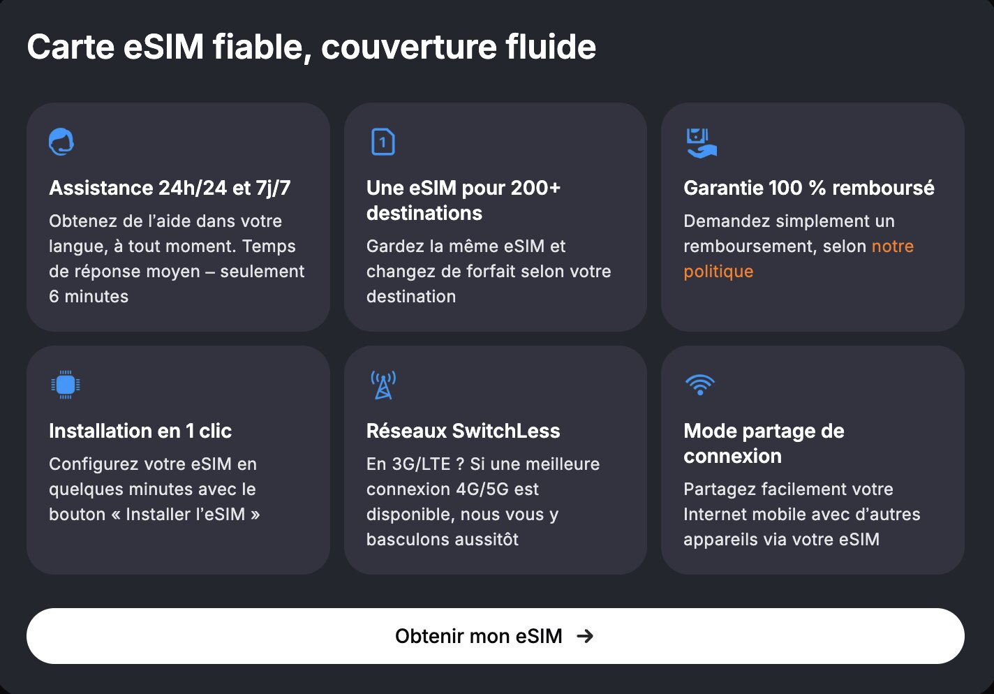 Les atouts de Yesim : 200+ destinations, SwitchLess, partage de connexion, support 24h/24, remboursement
