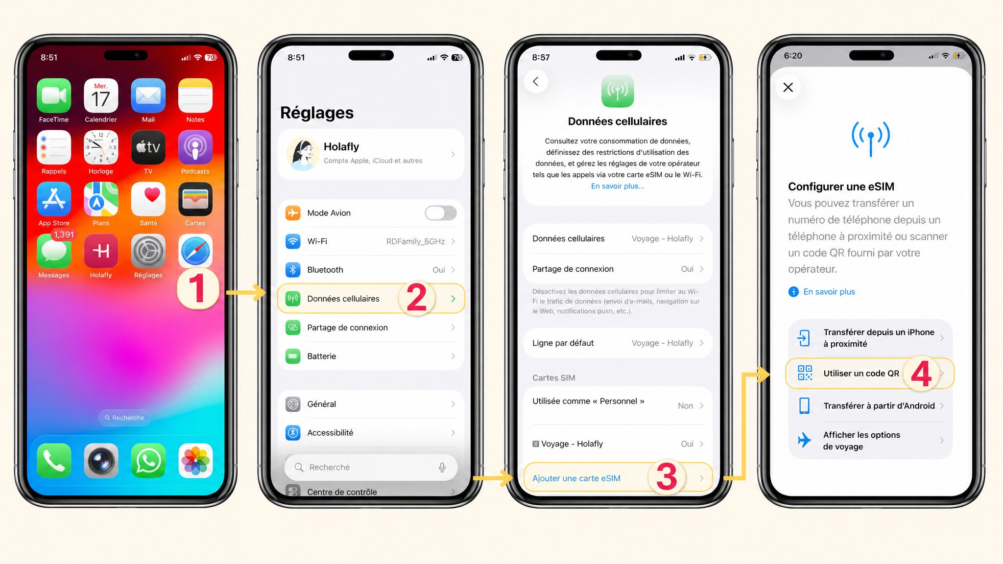 iPhone Einstellungen: Mobilfunk, dann eSIM hinzufügen und QR-Code verwenden