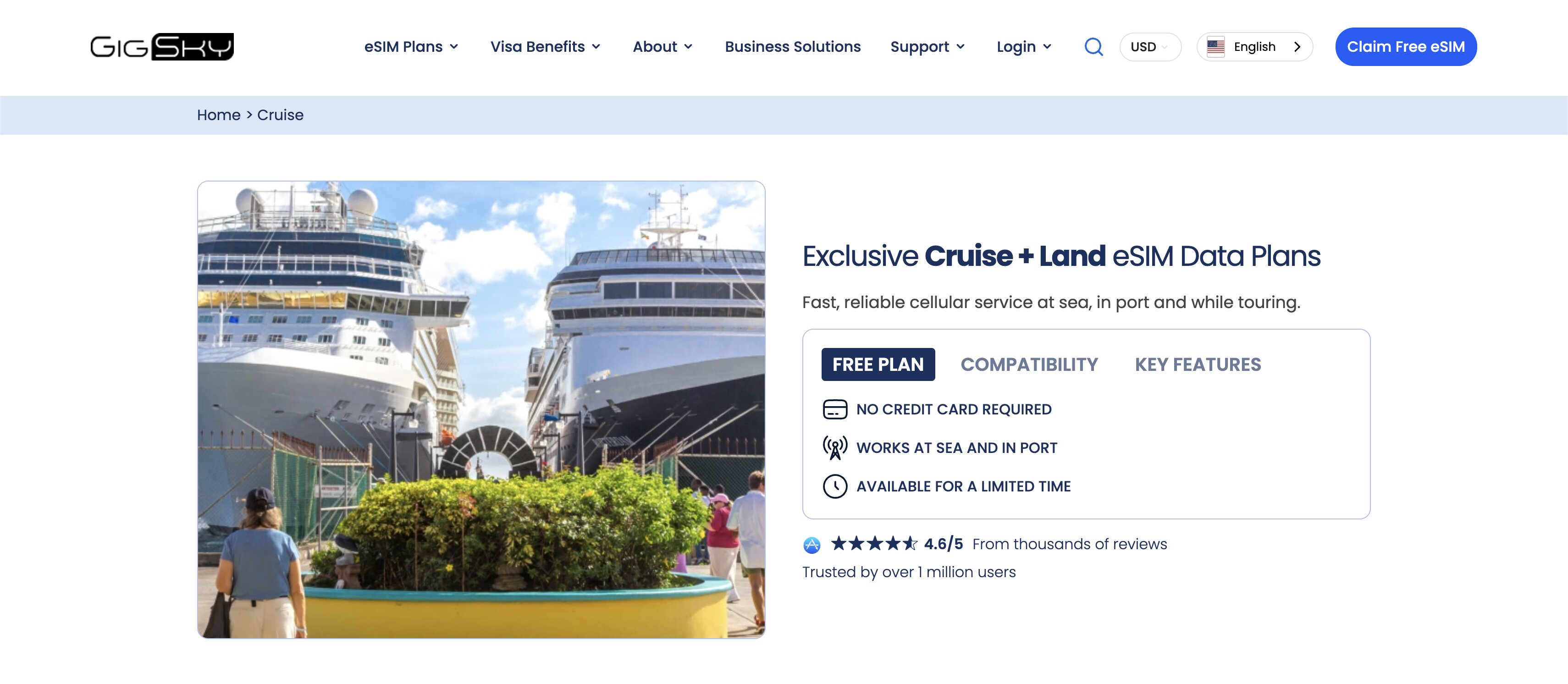 Página GigSky "Cruise + Land" com indicação de ligação no mar e no porto