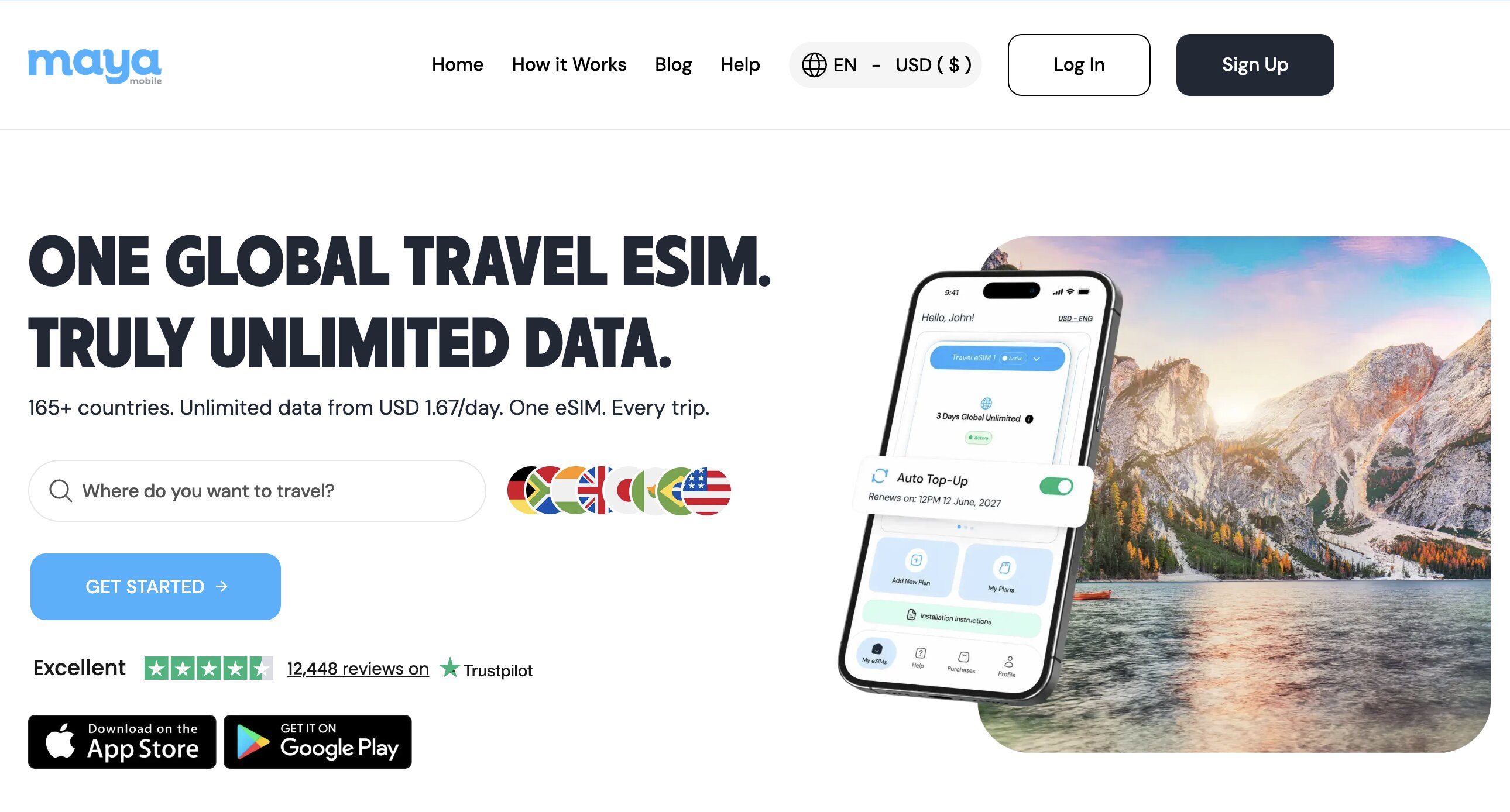 Página inicial do Maya Mobile, eSIM mundial com dados ilimitados