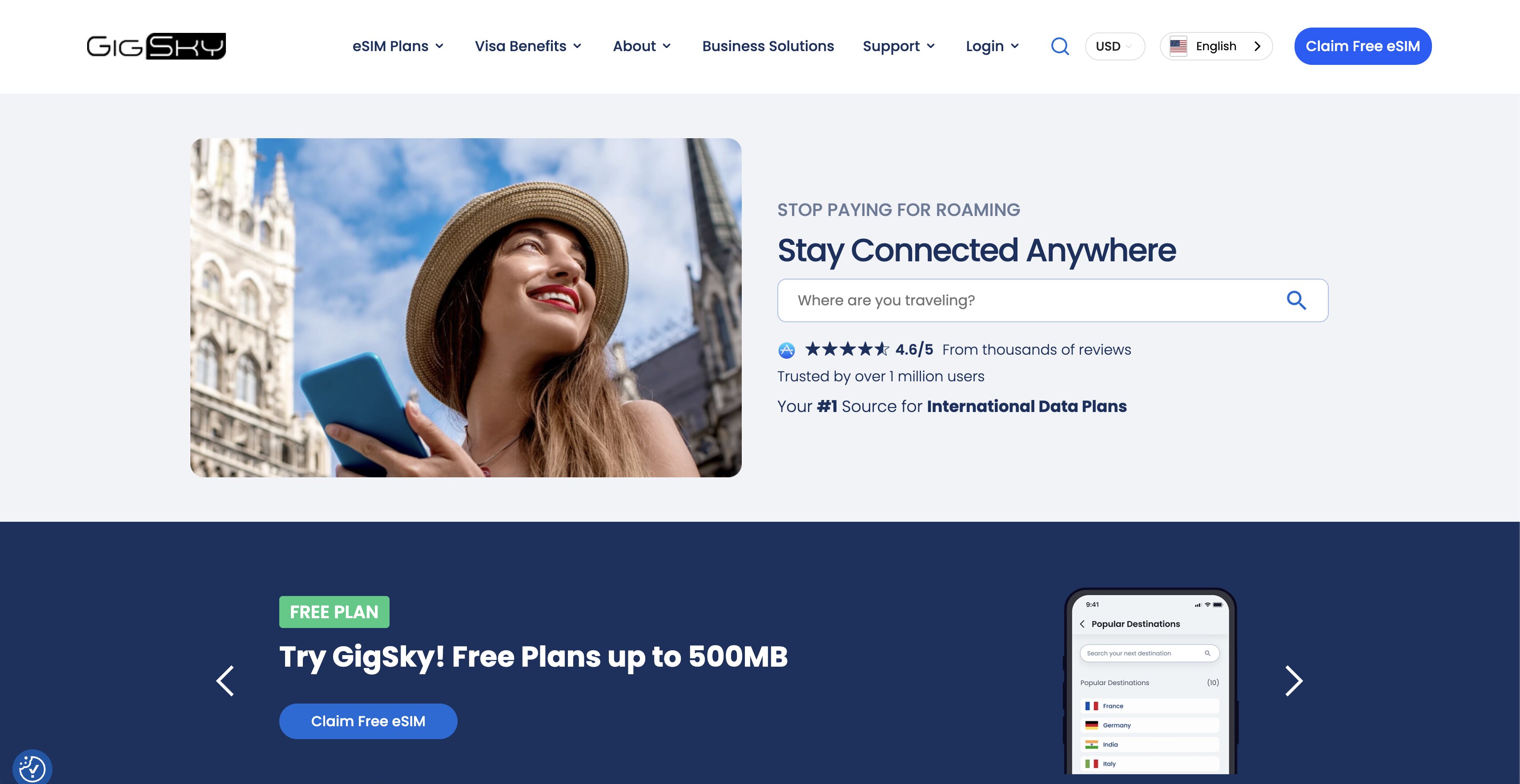 Capture de l'offre GigSky Free Plan jusqu'à 500 Mo gratuits