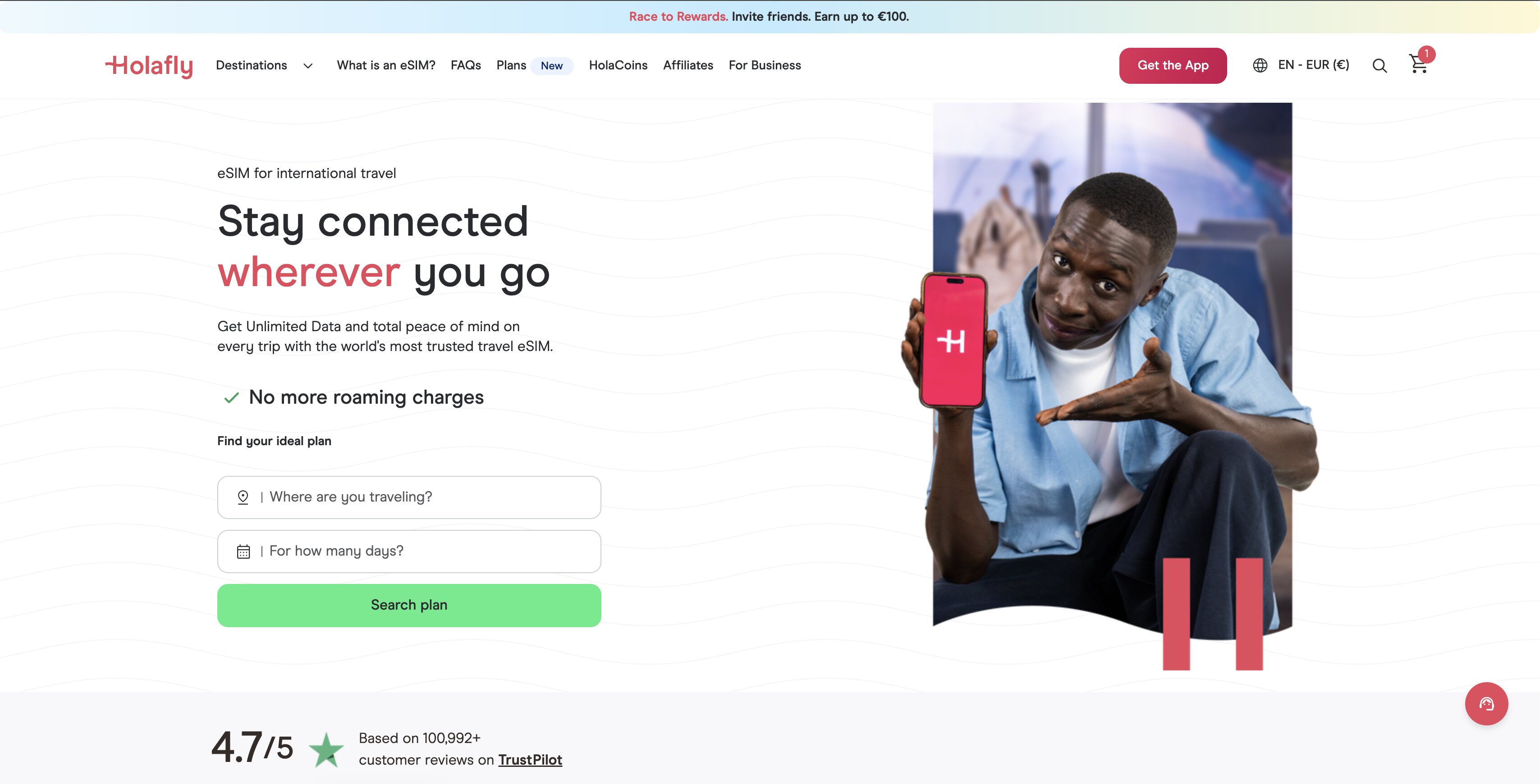 Página de inicio de Holafly: eSIM con datos ilimitados para viajar, valorada 4,7/5 en Trustpilot