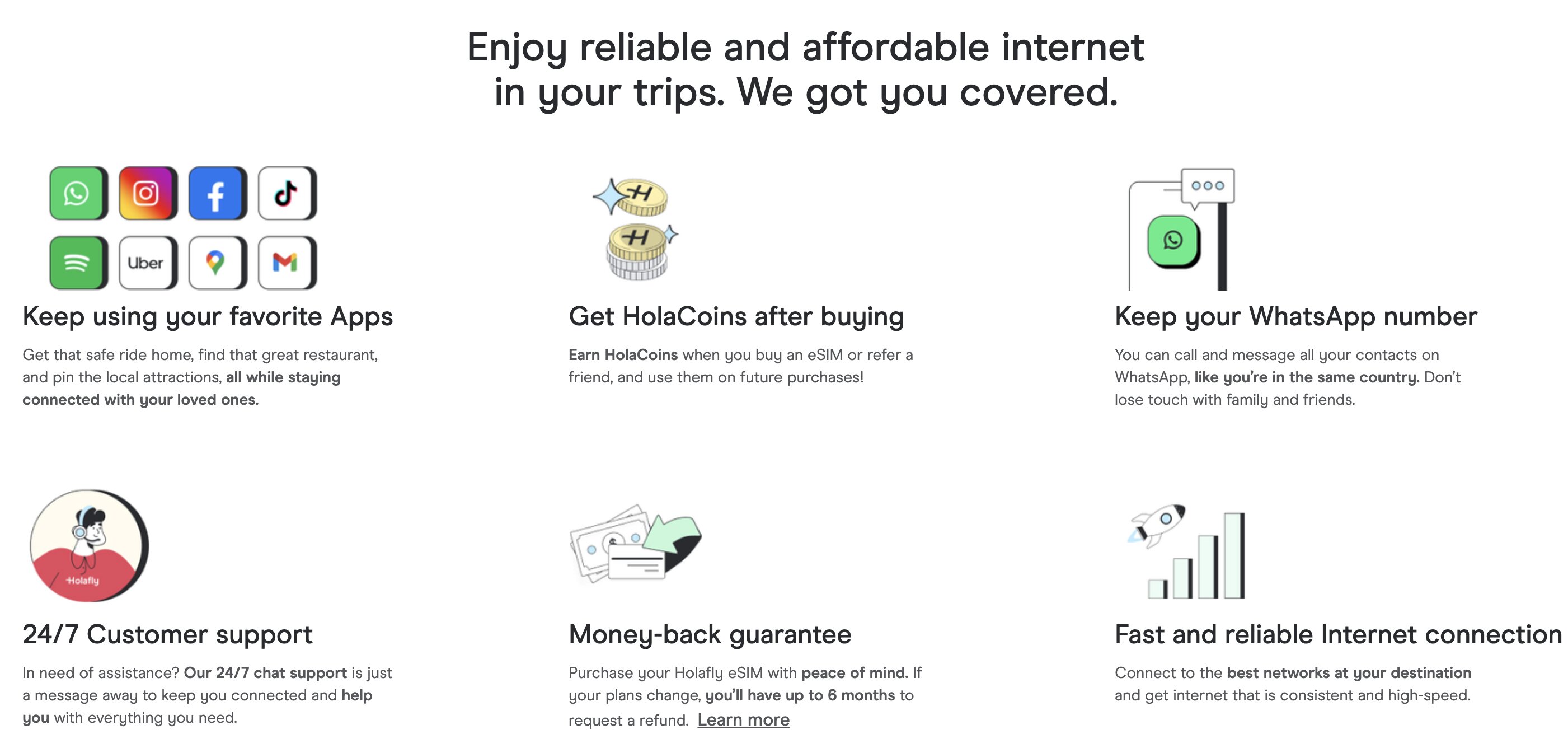 Las ventajas de Holafly: conservar tus apps, HolaCoins, soporte 24/7 y garantía de reembolso