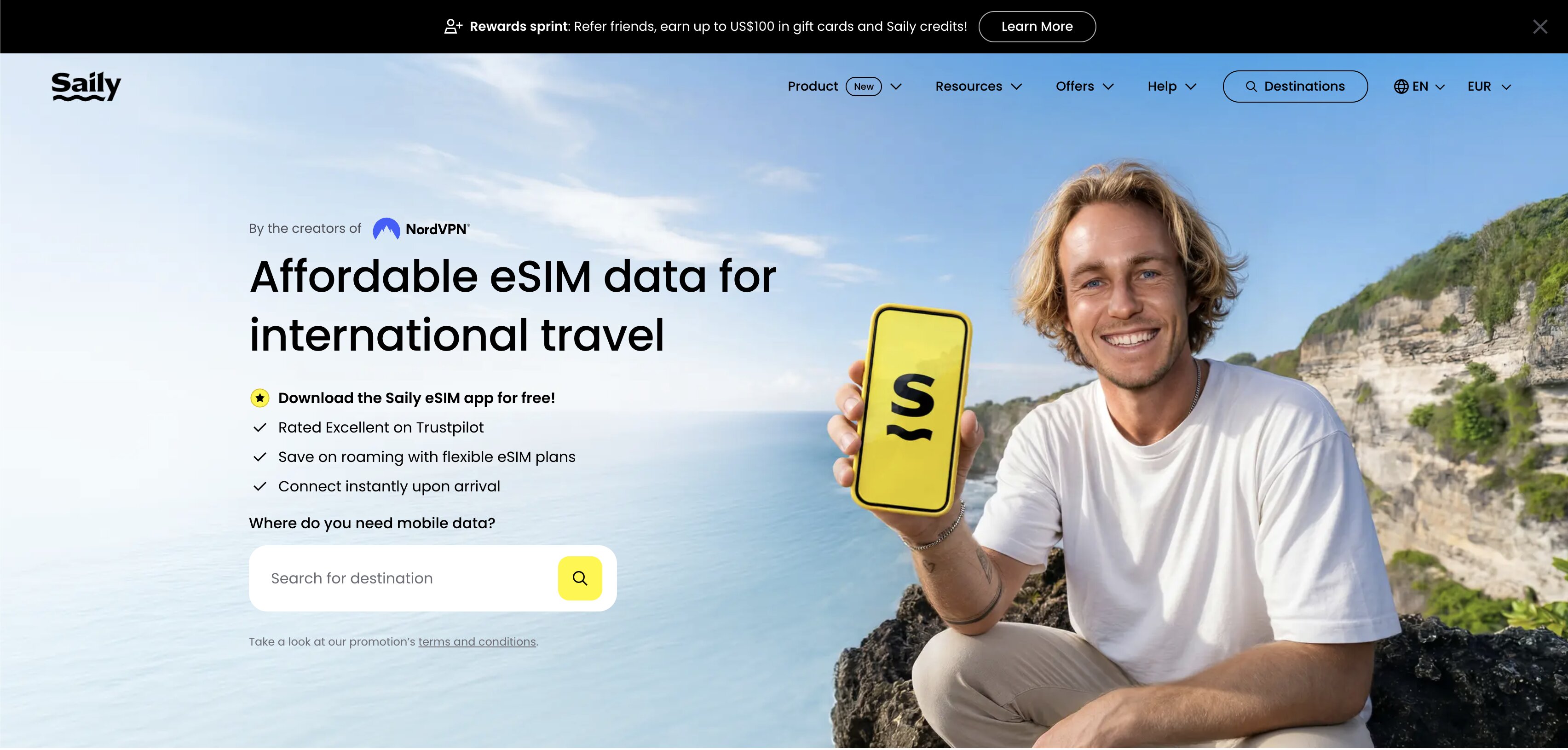 Página de inicio de Saily, la eSIM creada por Nord Security, el grupo detrás de NordVPN