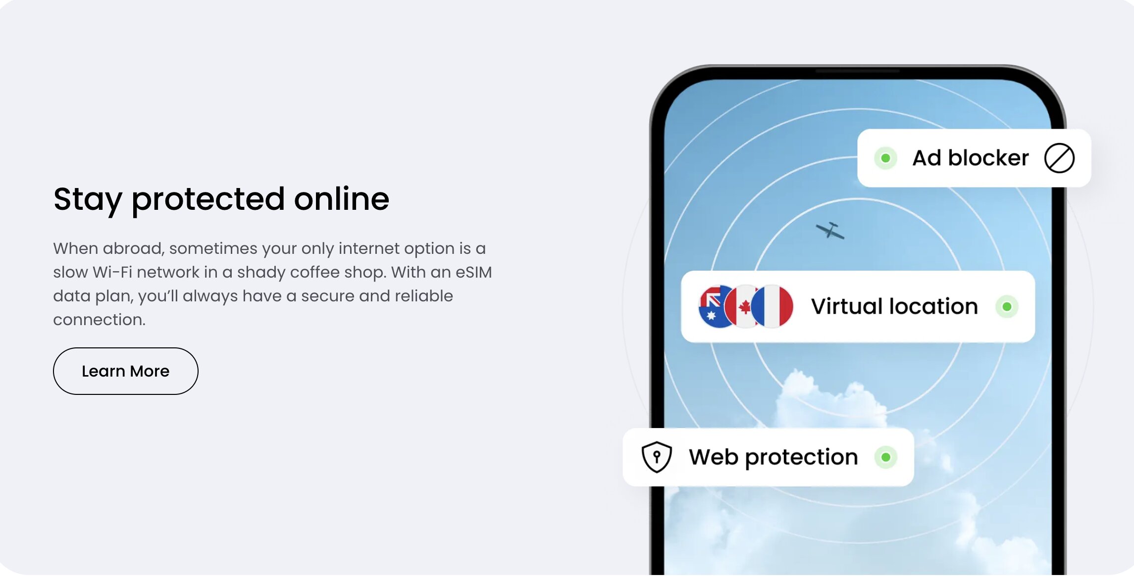 Saily incluye protecciones tipo VPN: bloqueador de anuncios, localización virtual y protección web